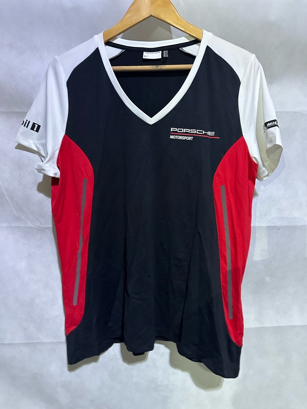 Porsche Driver’s Selection V-Neck Shirt Womens L Red Black Reflective Logos Race